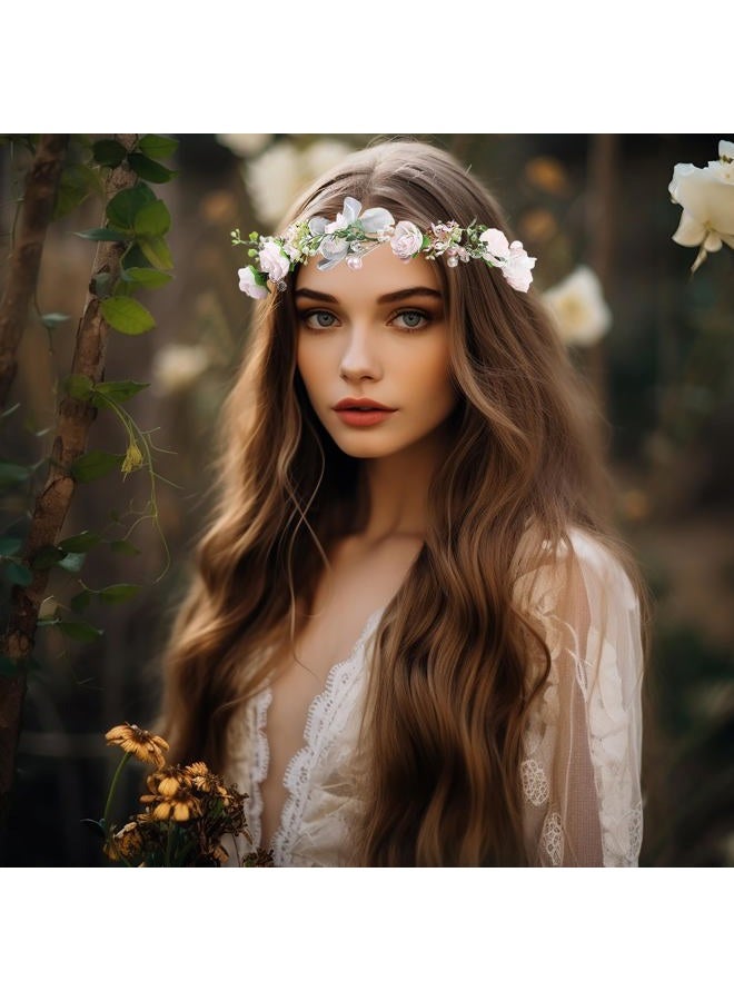 Vivivalue Floral Halo Boho Flower Headband Floral Crown Headpiece Hair Wreath with Ribbon Wedding Party Prom Photos Festival Pink by - Image 2